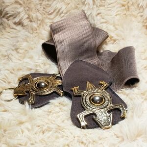 Vintage French Elastic Belt with Gold Accents, Brown Turtle Motif Belt